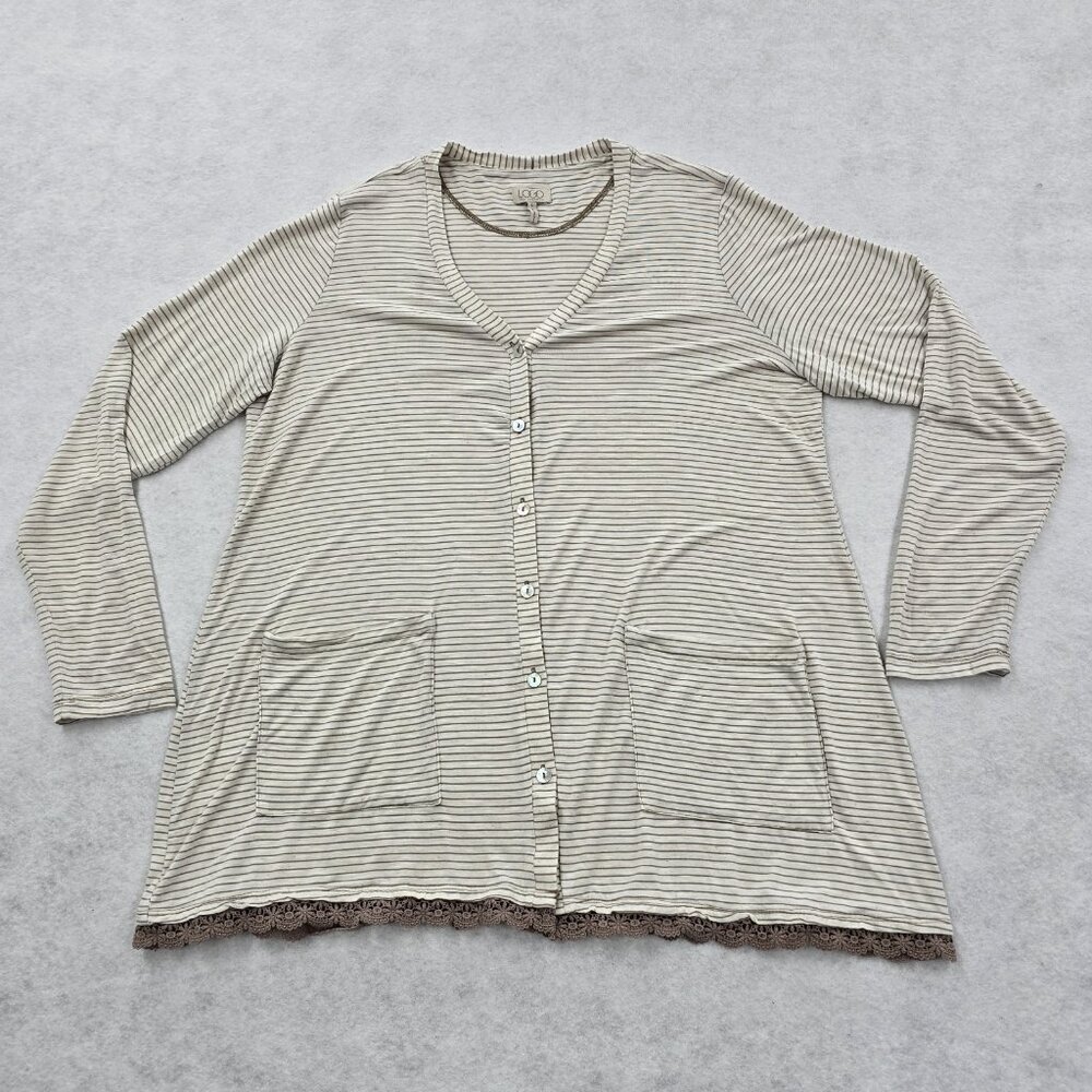 LOGO Lori Goldstein Striped Stretch Tunic Cardigan Large V-Neck Scalloped Trim